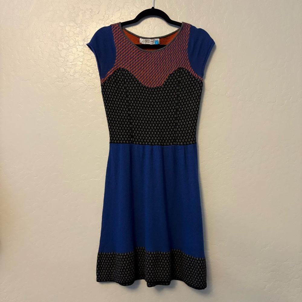 Sparrow anthropologie wool blend fit flare black gray coral blue dress small